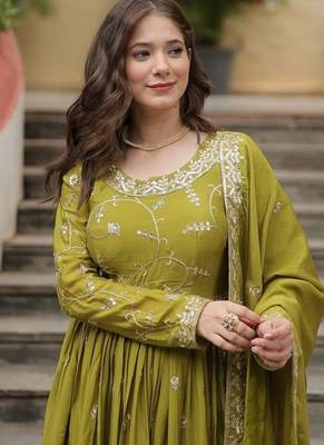 Green zari & sequins embroidered work chinon stitched kurta gown 4