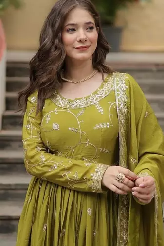 Green zari & sequins embroidered work chinon stitched kurta gown