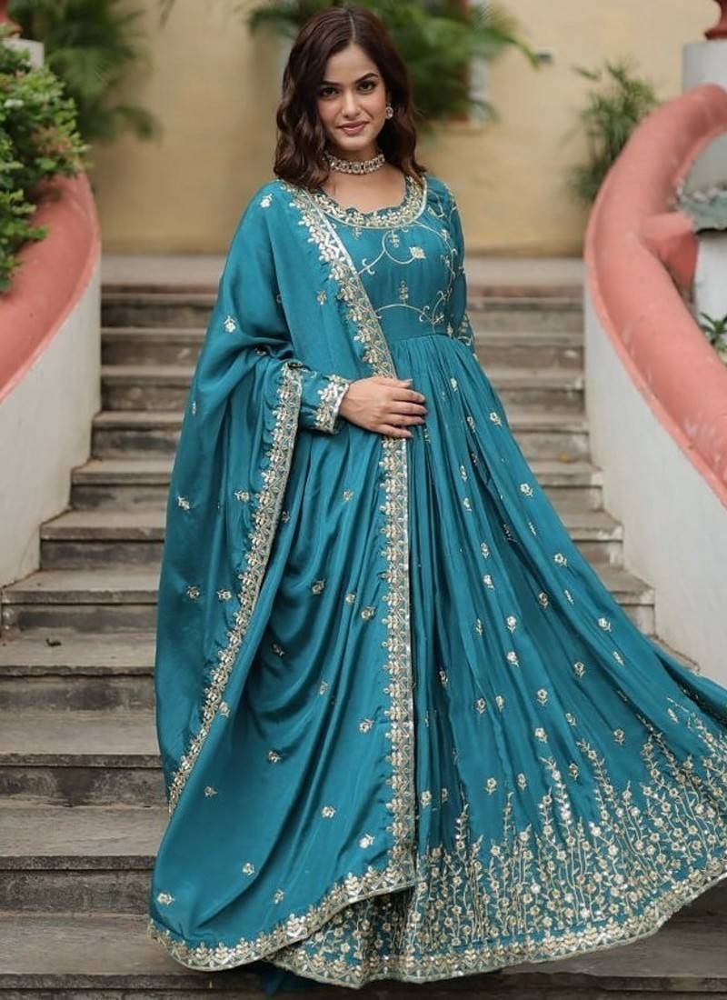 Teal zari & sequins embroidered chinon Gown