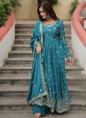 Teal zari & sequins embroidered chinon Gown 3