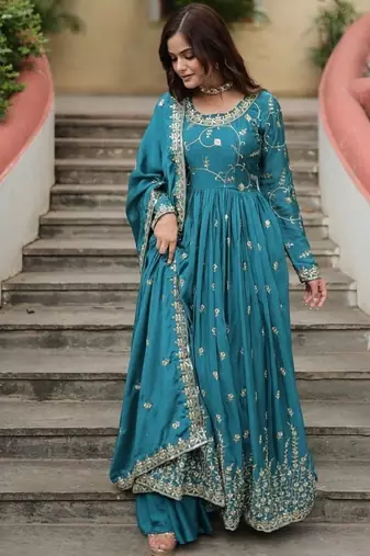 Teal zari & sequins embroidered chinon Gown