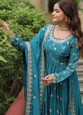 Teal zari & sequins embroidered chinon Gown 4