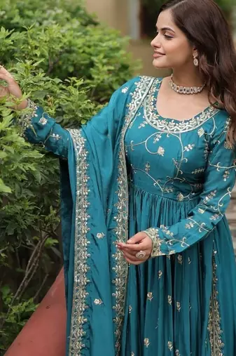 Teal zari & sequins embroidered chinon Gown