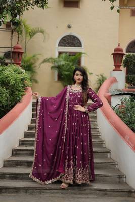 Wine zari & sequins embroidered chinon Gown 1