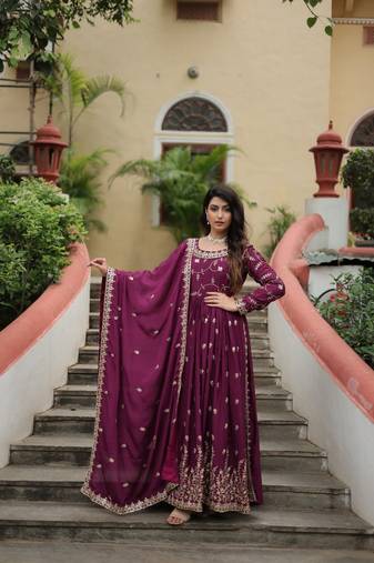 Wine zari & sequins embroidered chinon Gown