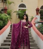 Wine zari & sequins embroidered chinon Gown