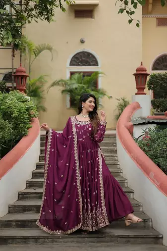 Wine zari & sequins embroidered chinon Gown