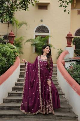 Wine zari & sequins embroidered chinon Gown 3