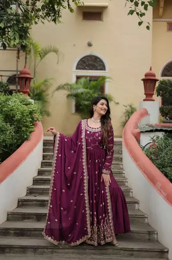 Wine zari & sequins embroidered chinon Gown