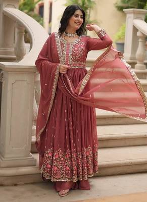 Brown zari & sequins embroidered work georgette stitched kurta bottom & dupatta 1