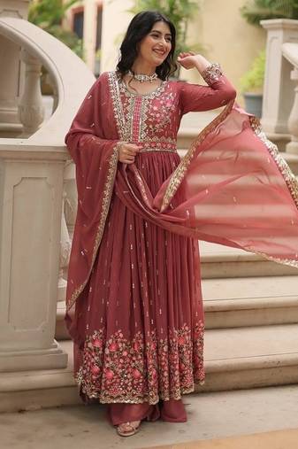 Brown zari & sequins embroidered work georgette stitched kurta bottom & dupatta