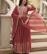 Brown zari & sequins embroidered work georgette stitched kurta bottom & dupatta