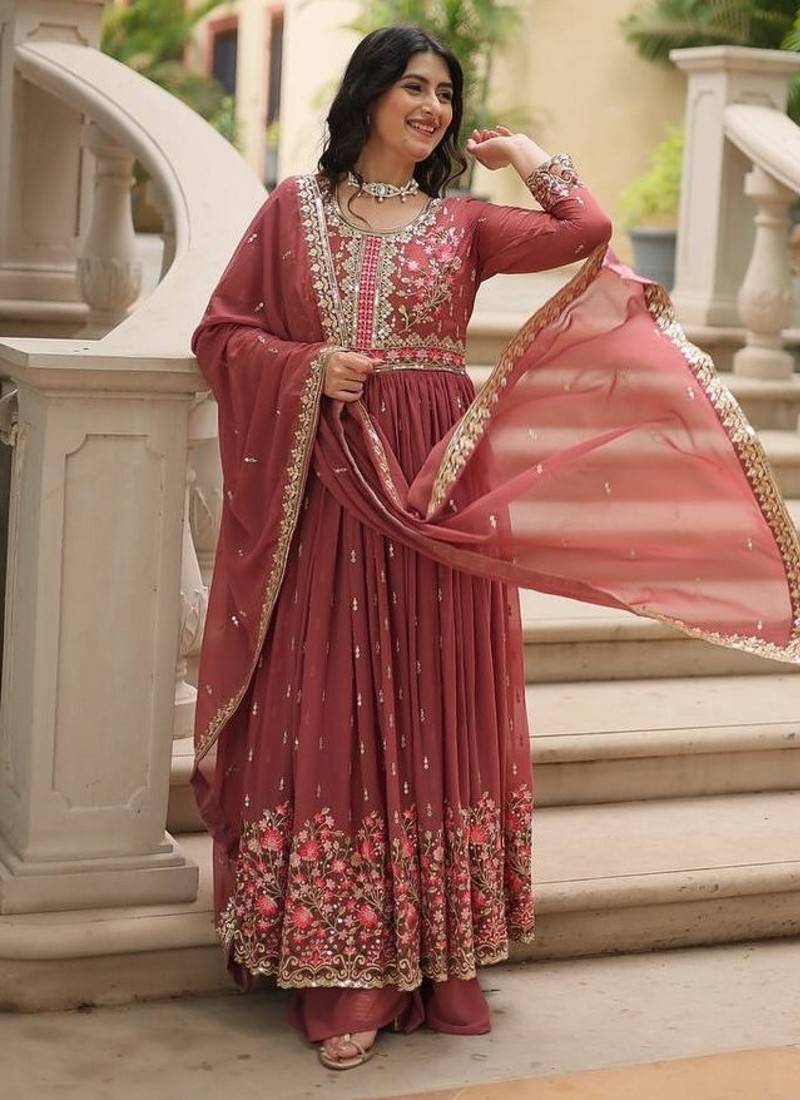 Brown zari & sequins embroidered work georgette stitched kurta bottom & dupatta