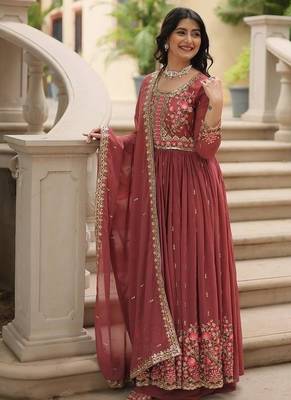 Brown zari & sequins embroidered work georgette stitched kurta bottom & dupatta 2