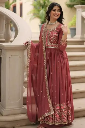 Brown zari & sequins embroidered work georgette stitched kurta bottom & dupatta