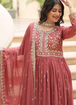 Brown zari & sequins embroidered work georgette stitched kurta bottom & dupatta 4