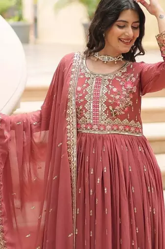 Brown zari & sequins embroidered work georgette stitched kurta bottom & dupatta