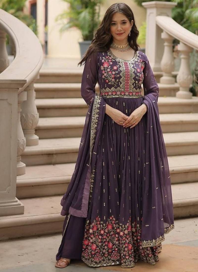 Onion zari & sequins embroidered georgette kurta bottom & dupatta