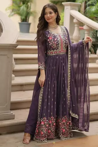 Onion zari & sequins embroidered georgette kurta bottom & dupatta
