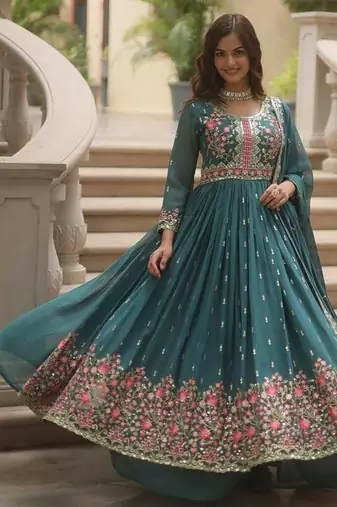 Teal zari & sequins embroidered georgette kurta bottom & dupatta