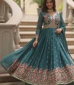 Teal zari & sequins embroidered georgette kurta bottom & dupatta