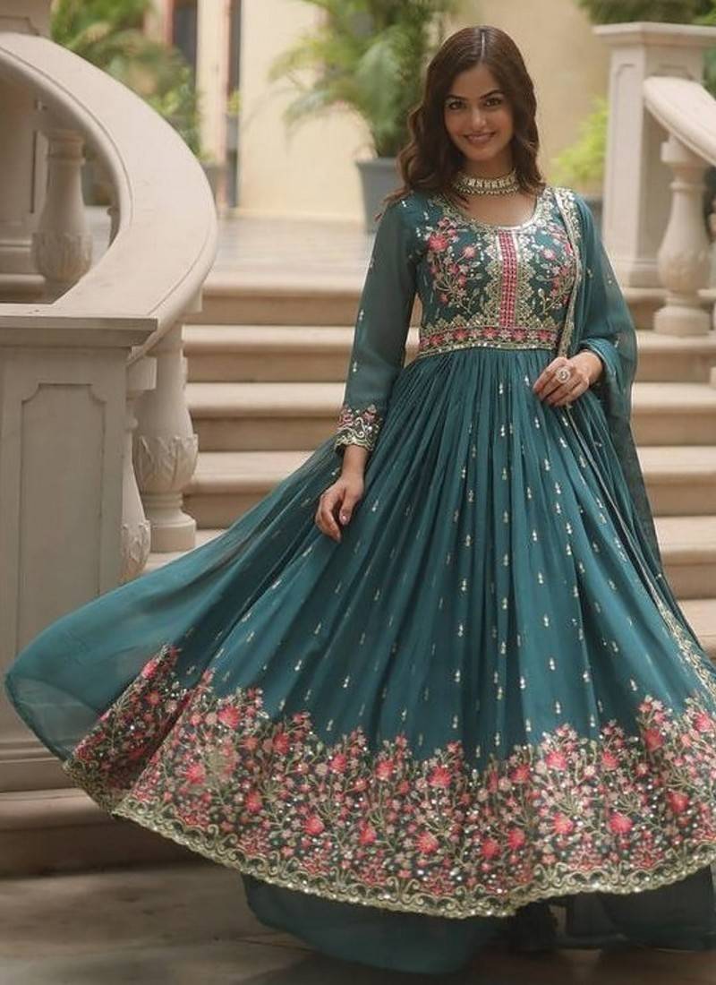 Teal zari & sequins embroidered georgette kurta bottom & dupatta