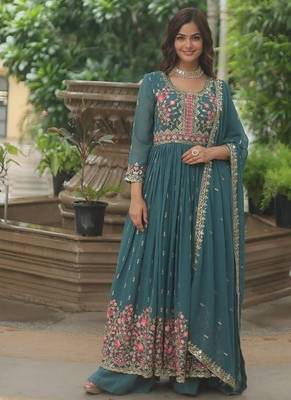Teal zari & sequins embroidered georgette kurta bottom & dupatta 2