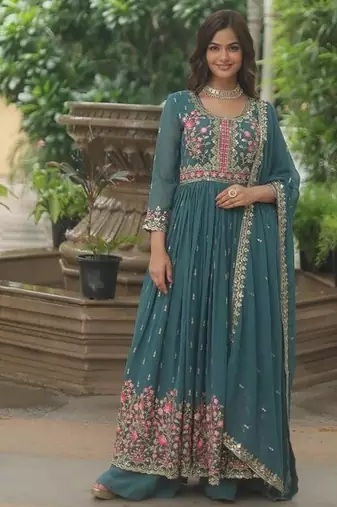 Teal zari & sequins embroidered georgette kurta bottom & dupatta