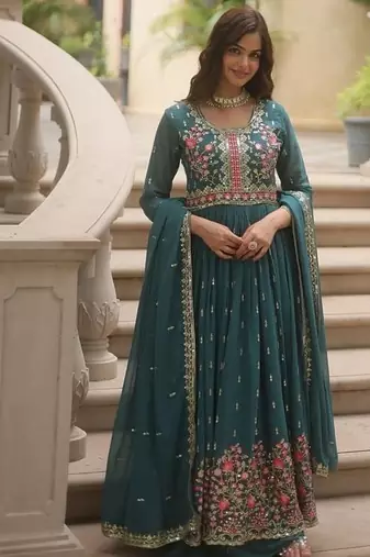 Teal zari & sequins embroidered georgette kurta bottom & dupatta