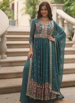 Teal zari & sequins embroidered georgette kurta bottom & dupatta 4