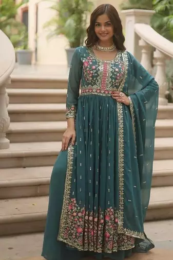 Teal zari & sequins embroidered georgette kurta bottom & dupatta