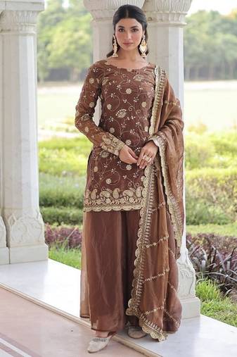 Brown zari & sequins embroidered work fendy with rich stitched kurta  bottom & dupatta