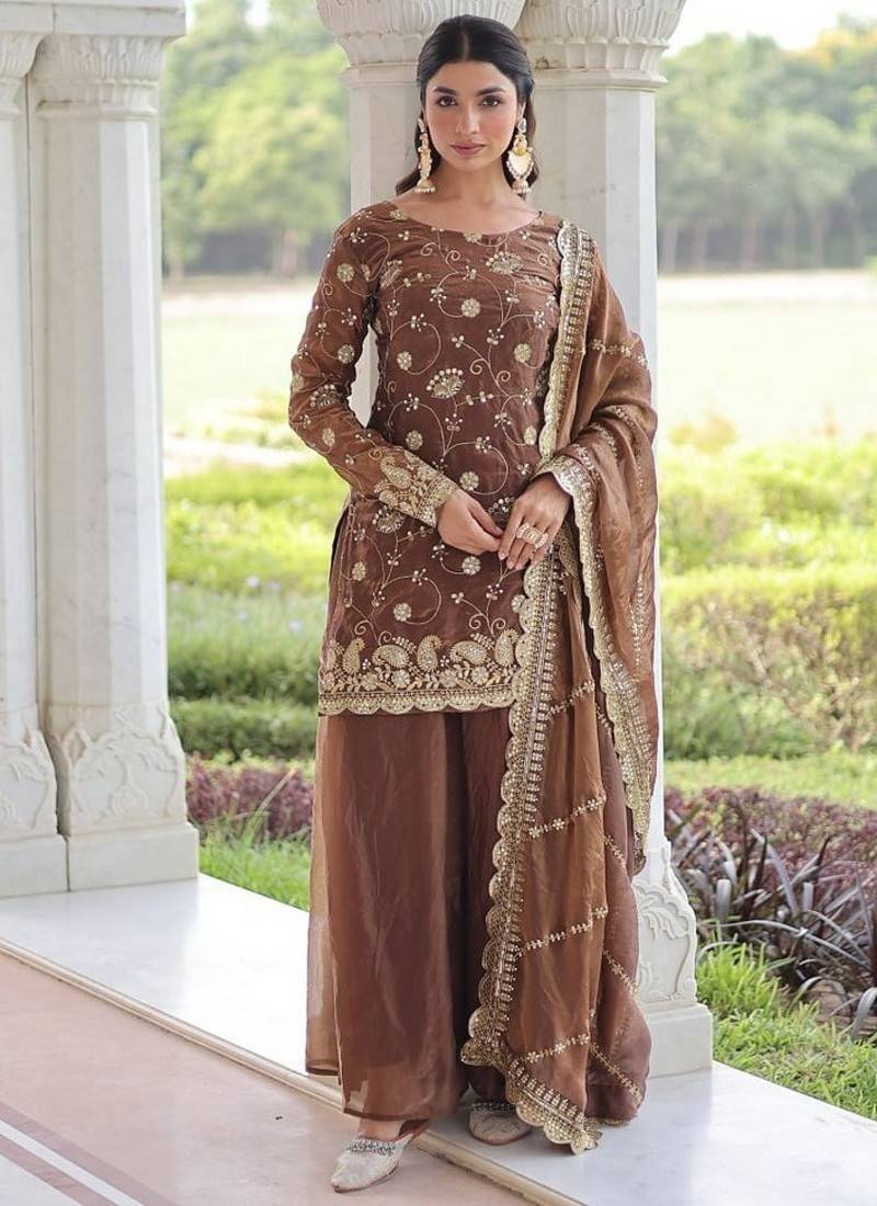 Brown zari & sequins embroidered work fendy with rich stitched kurta  bottom & dupatta