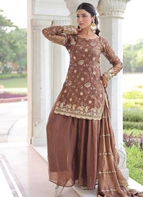 Brown zari & sequins embroidered work fendy with rich stitched kurta  bottom & dupatta 2