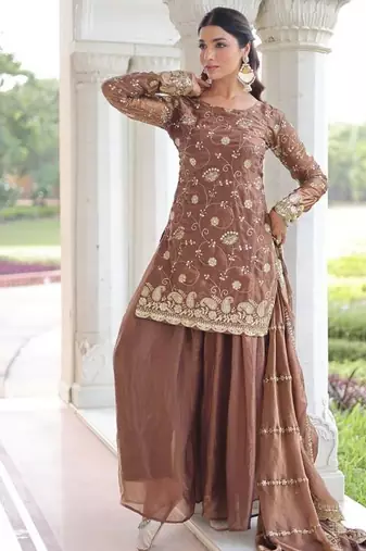 Brown zari & sequins embroidered work fendy with rich stitched kurta  bottom & dupatta