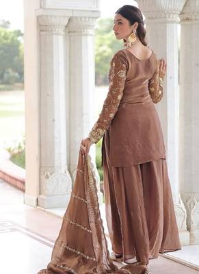 Brown zari & sequins embroidered work fendy with rich stitched kurta  bottom & dupatta 3
