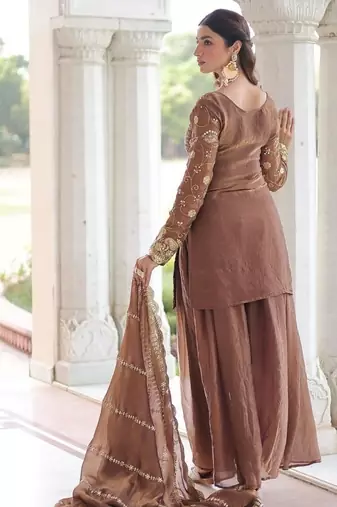 Brown zari & sequins embroidered work fendy with rich stitched kurta  bottom & dupatta