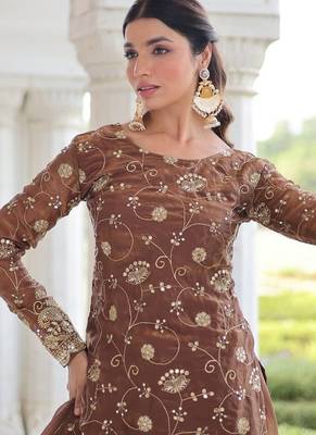 Brown zari & sequins embroidered work fendy with rich stitched kurta  bottom & dupatta 4