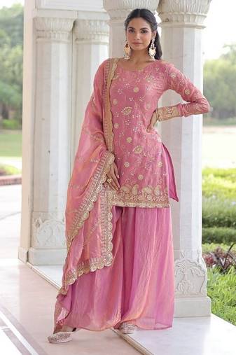 Pink zari & sequins embroidered fendy with rich kurta bottom & dupatta
