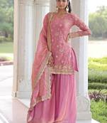 Pink zari & sequins embroidered fendy with rich kurta bottom & dupatta