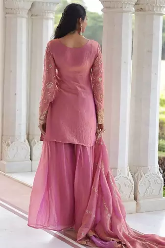 Pink zari & sequins embroidered fendy with rich kurta bottom & dupatta