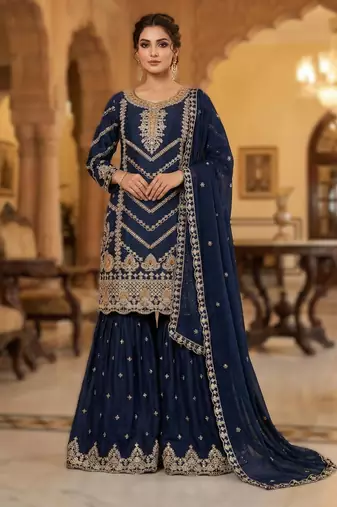 navy blue embroidered chinon sharara set