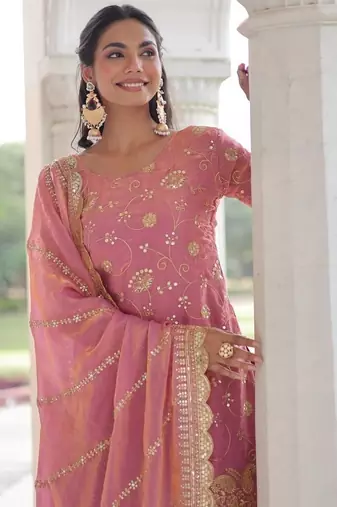 Pink zari & sequins embroidered fendy with rich kurta bottom & dupatta