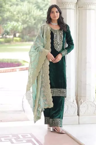 Green zari & sequins embroidered work velvet stitched kurta  bottom & dupatta