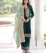 Green zari & sequins embroidered work velvet stitched kurta  bottom & dupatta