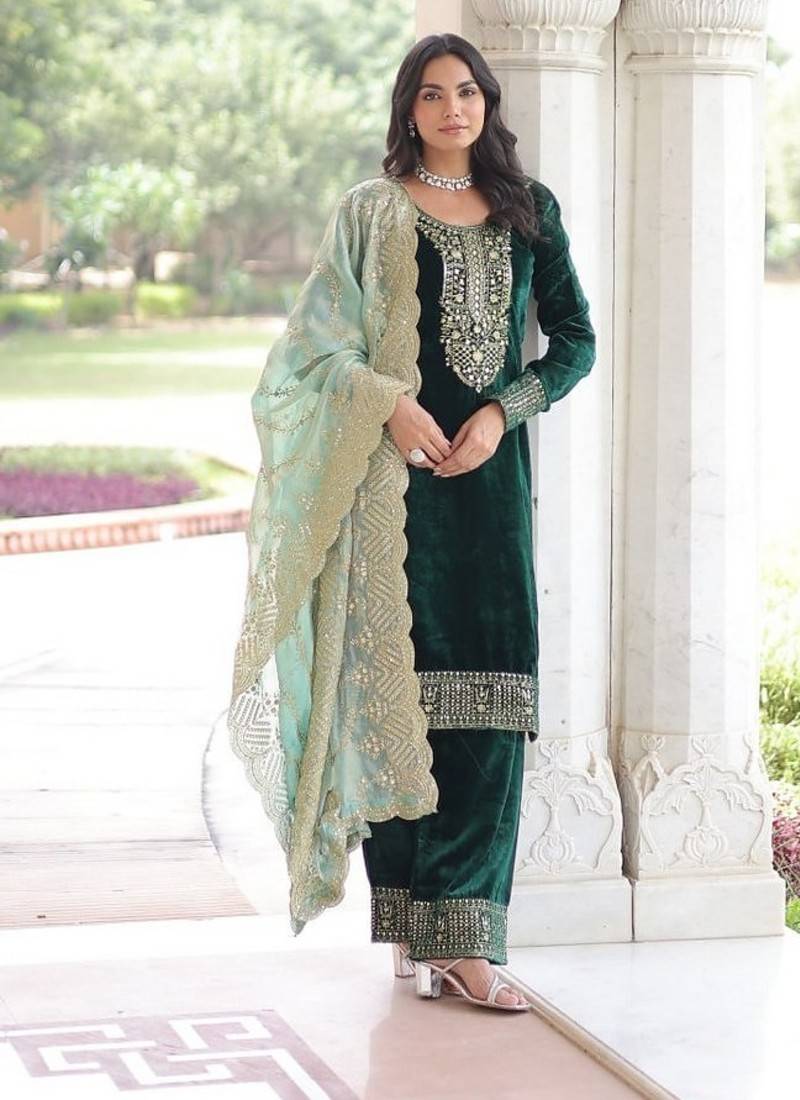 Green zari & sequins embroidered work velvet stitched kurta  bottom & dupatta