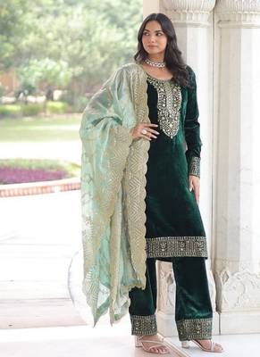 Green zari & sequins embroidered work velvet stitched kurta  bottom & dupatta 2
