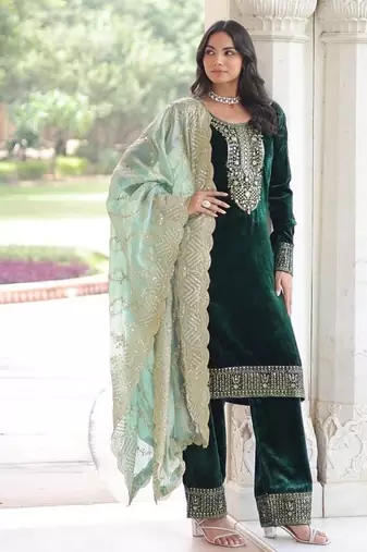 Green zari & sequins embroidered work velvet stitched kurta  bottom & dupatta