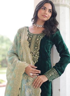Green zari & sequins embroidered work velvet stitched kurta  bottom & dupatta 4