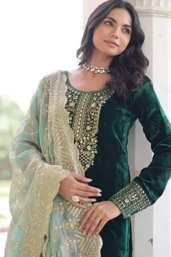 Green zari & sequins embroidered work velvet stitched kurta  bottom & dupatta